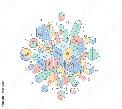 Abstract Geometric Shapes and Mathematical Formulas Illustrating Science and Education Concepts