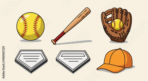 Baseball Equipment Icons: Ball, Bat, Glove, Bases, Cap - Sports Icons Set