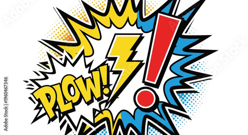 Comic Book Sound Effect "PLOW!" with Lightning Bolt and Exclamation Mark