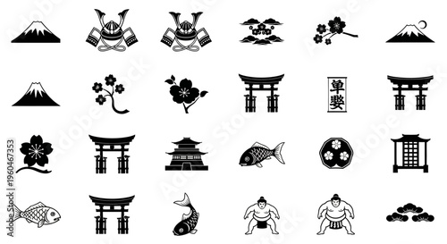 Japanese Culture Icons: Mount Fuji, Torii Gate, Samurai, Koi Fish, Sakura, Sumo Wrestler