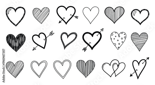 A collection of hand drawn heart shapes in various styles including outlines, solid fills, striped, polka dotted, and pierced with arrows, perfect for romantic holiday greeting decorations