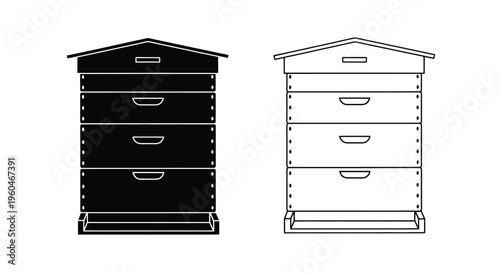 Two beehives one solid black and one white with dotted details