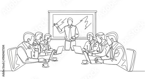 Business meeting in progress, speaker presenting to attentive team with laptops and coffee