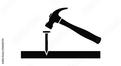 A black silhouette of a hammer driving a nail into wood