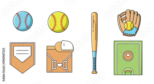 Baseball Equipment Icons: Ball, Bat, Glove, Field, Home Plate, Catcher's Mitt