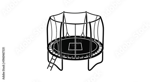 Black and white illustration of a round backyard trampoline with ladder
