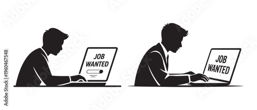 Silhouetted Men Searching 'Job Wanted' Online, Illustrating Digital Employment Seeking and Career Opportunities.