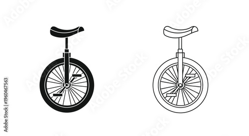 Two unicycle illustrations a black solid version and a white outline version