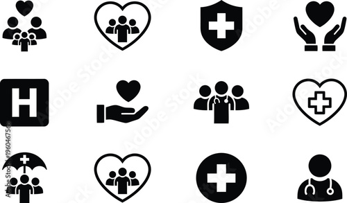 Medical healthcare icon set, 12 black vector symbols, hospital and family insurance icons