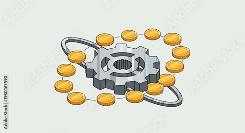 Financial Technology Concept: Cogwheel and Digital Coins Orbiting