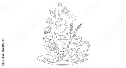 Herbal Tea Cup Drawing: Flowers, Herbs, and Aromatics Infusing in a Teacup