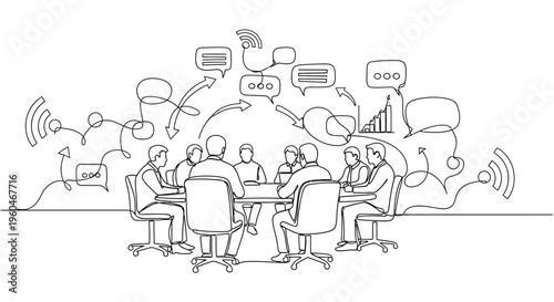 Business meeting brainstorming ideas with communication symbols and charts