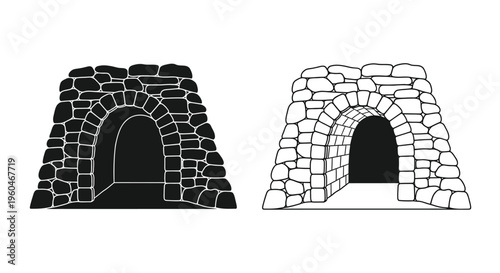 Two stone archways in black and white side by side