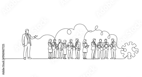Business meeting concept: leader presenting ideas to team, connected by cloud