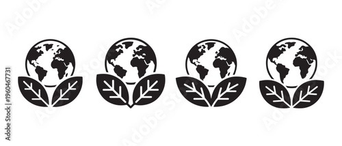 Eco-Friendly Earth Globe Icons with Green Leaves on White Background Representing Environmental Sustainability.