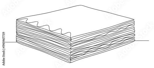 Minimalist continuous line drawing depicting a stack of uniformly folded layered items, perfect for contemporary graphic design, product conceptualization, and digital content creation.