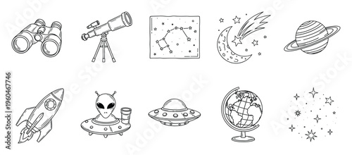 A set of hand drawn astronomical objects and space exploration elements featuring a telescope, binoculars, planet Saturn, rocket, moon, stars, constellation, and alien for science education