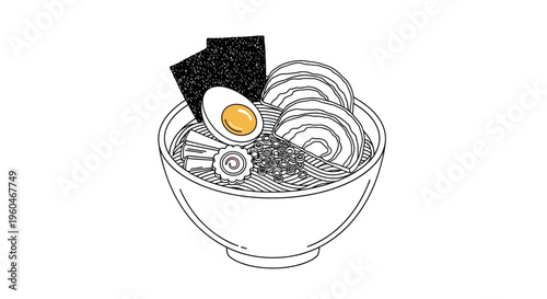 Japanese Ramen Noodle Soup Bowl - Minimalist Line Art Illustration