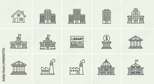 Set of Building Icons: Houses, Offices, Library, Bank, Factory, Courthouse