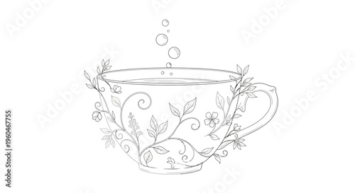 Delicate floral teacup with falling water drops, elegant sketch art