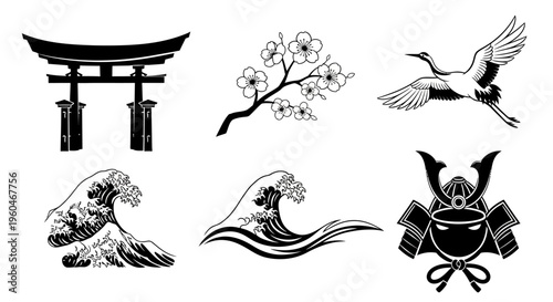 Japanese Cultural Symbols: Torii Gate, Cherry Blossom, Crane, Waves, Samurai Helmet