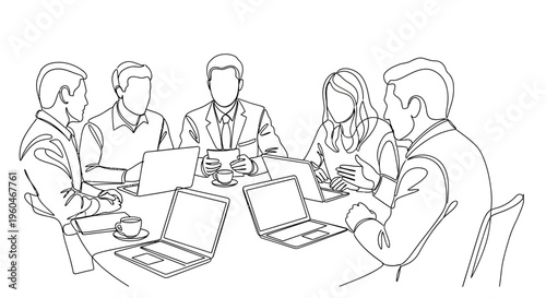 Business Meeting: Diverse Team Collaborating Around Table with Laptops and Coffee
