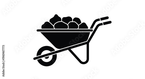 A black and white illustration of a wheelbarrow filled with rocks