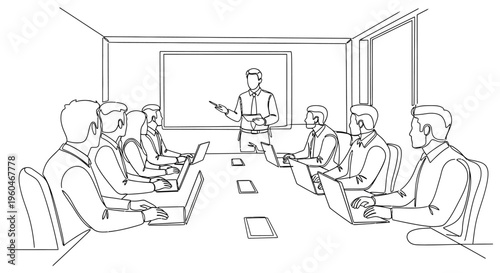 Business meeting in a modern conference room with a presenter and attendees using laptops.