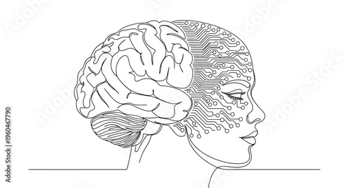 Artificial intelligence concept: human brain merged with circuit board