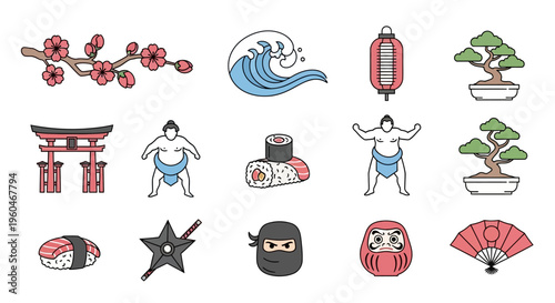 Japanese Culture Icons: Cherry Blossom, Wave, Lantern, Bonsai, Torii, Sumo, Sushi, Ninja, Fan