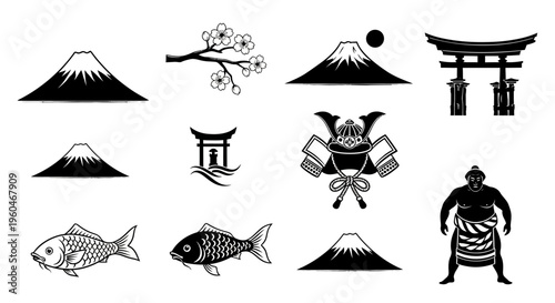 Japanese Icons: Mt Fuji, Torii Gate, Samurai Helmet, Koi Fish, Sumo Wrestler, Cherry Blossom