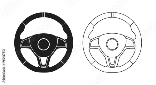 Two steering wheels one solid black and one outlined displayed side by side