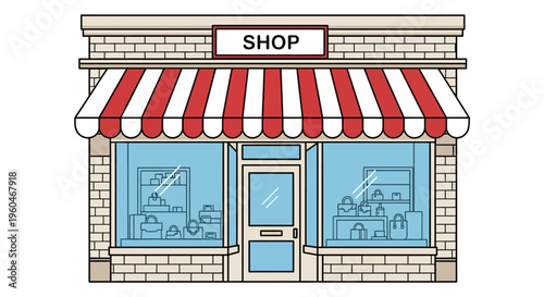 Charming Brick Shop Facade with Red and White Awning and Display Windows