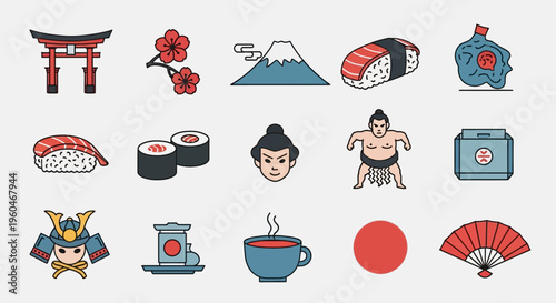 Japanese Icons: Torii Gate, Sushi, Sumo, Samurai, Mt Fuji, Fan, Sakura