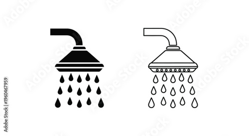 Two showerhead icons one filled and one outlined with falling water droplets