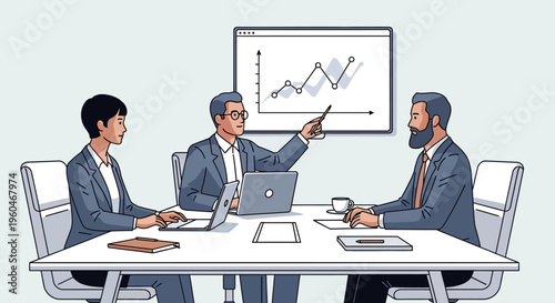 Business meeting: Diverse team analyzes growth chart on screen, discussing strategy