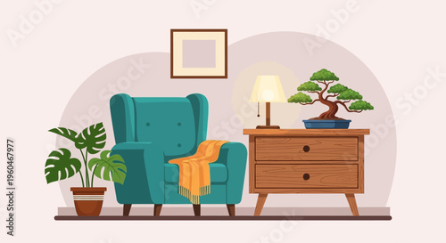 Cozy Living Room Corner: Armchair, Lamp, Bonsai Tree, and Houseplant