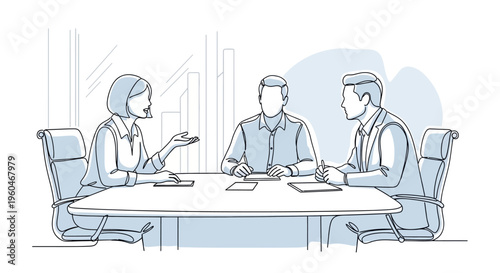 Business meeting: diverse team discussing strategy at conference table, modern office interior