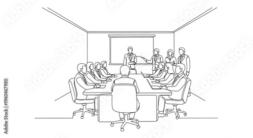 Business meeting in a modern conference room with presentation screen and team collaborating