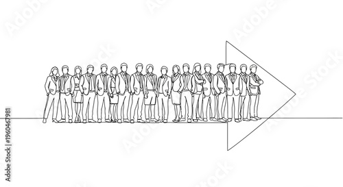 Teamwork concept, group of people forming an arrow shape, moving forward together