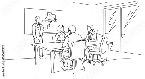 Business meeting in progress: team discussing strategy with whiteboard presentation in office