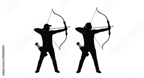 Two archers in silhouette pose with drawn bows and quivers