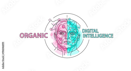 Organic intelligence vs Digital intelligence: Human brain split, mind concept, AI, technology
