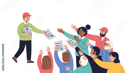 Man distributing campaign flyers to a diverse, eager crowd. Public information, voting, and community outreach concept.