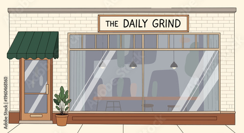 The Daily Grind Coffee Shop Exterior Facade with Large Windows and Green Awning
