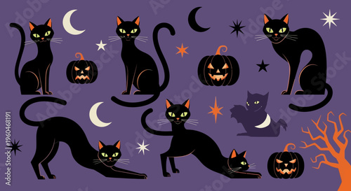 Halloween Black Cats, Pumpkins, and Moon on Purple Background - Spooky Vector Art