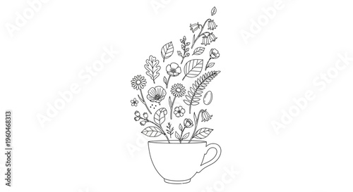 Herbal Tea Cup Illustration: Blooming Flowers and Leaves Emerging from a Mug