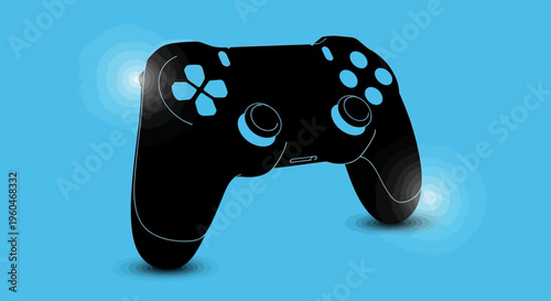 Black Video Game Controller Silhouette with Blue Accents on Cyan Background