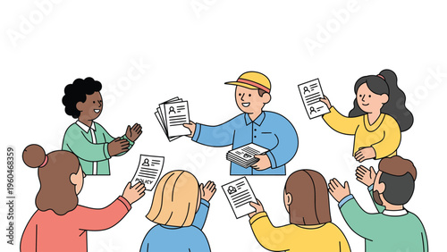 Information distribution to diverse group of people; news sharing, communication, and public awareness concept illustration.