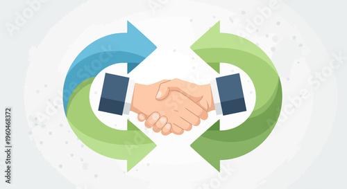Business partnership handshake with circular arrows symbolizing agreement and collaboration